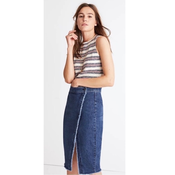 Madewell Denim Raw Hem High Waisted Midi Wrap Skirt - Picture 1 of 11